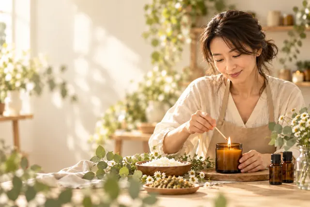 在暖光中点燃香薰蜡烛